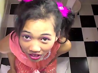 StickyAsian18 Cherry gags on bathroom cock and sticky face